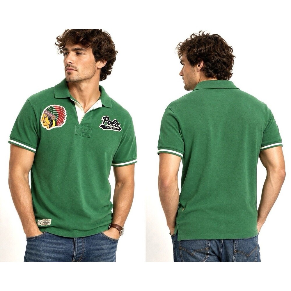 Polo Ralph Lauren Football Rugby Shirt Green Custom Fit Men’s Medium M Patches